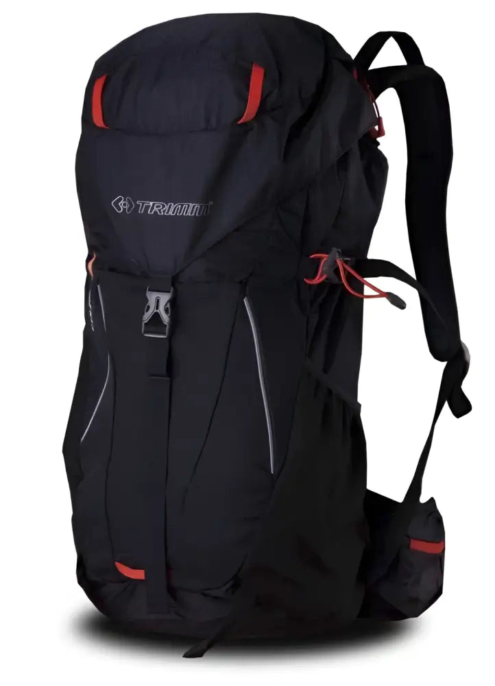 Black trimm courier reppu 35l -vaellusrinkka punaisilla koristetikkauksilla ja harmailla vetoketjulenkeillä