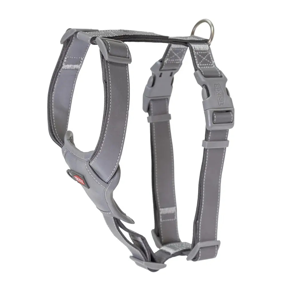 Gray reflective dog harness trixie premium heijastava valjas with adjustable straps and metal d-ring visible from the back side