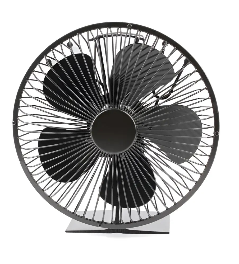 Väinö kaminapuhallin mustaa metallia, pyöreässä kehyksessä, viisi siipeä kaminatuulettimessa