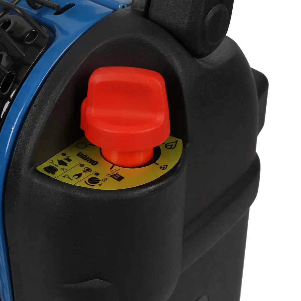 Bright red plastic ignition knob on black and blue portable generator of väinö radiant heater v2000 kaasulämmitin