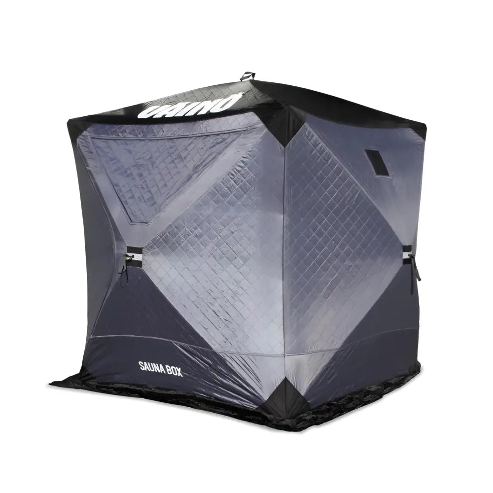 Gray and black quilted fabric väinö sauna box pop up saunateltta ice fishing tent with caino branding on top