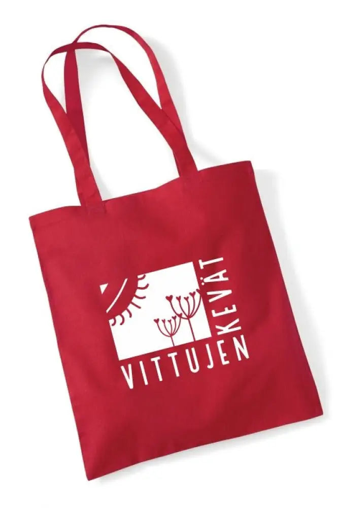 Punainen canvas-kangaskassi valkoisella vittujen kevät -logolla jossa aurinko- ja kasvi-aiheita