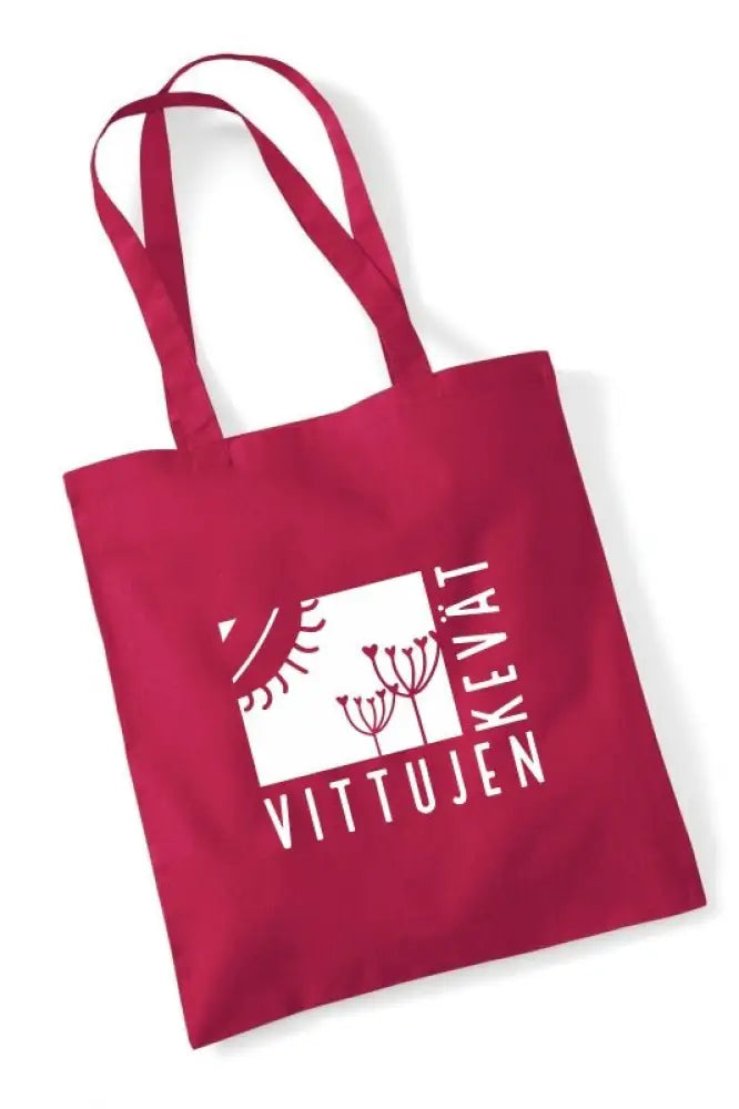 A vibrant red canvas tote bag featuring a white graphic print with stylized sun and plant motifs alongside the text vittujen kevät in a product titled vittujen kevät logo - kangaskassi