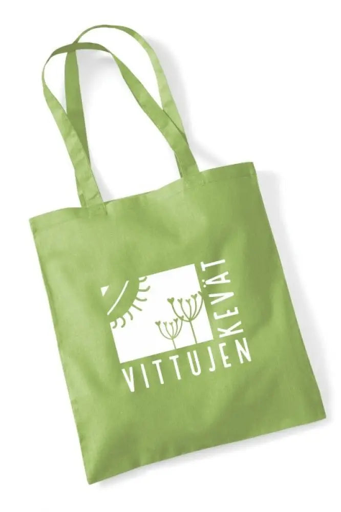 A light green canvas tote bag with a white vittujen kevät logo featuring stylized plants in finnish design