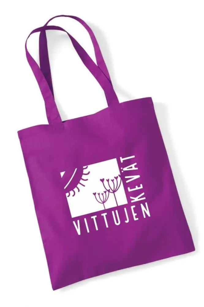 Violetti kangaskassi valkoisella vittujen kevät logolla jossa auringon ja kasvin kuviot
