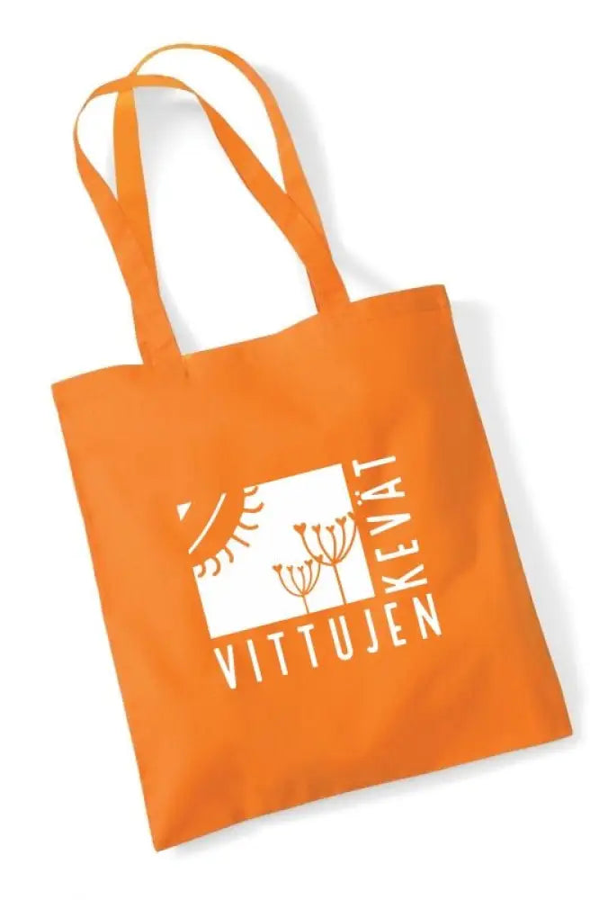 Oranssi kangaskassi vittujen kevät logolla auringon ja voikukan kuvalla valkoisena painatuksena