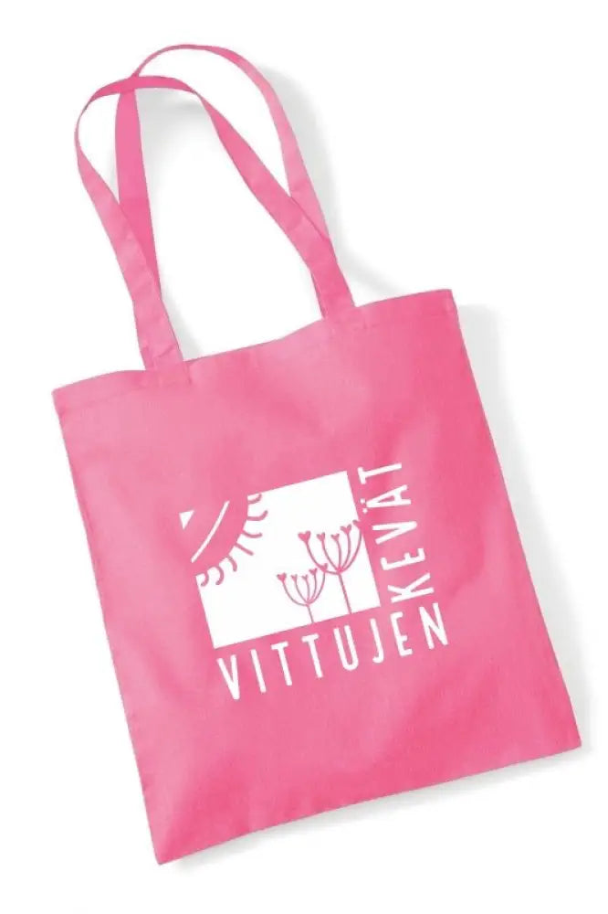 A vibrant pink kangaskassi with white sun and plant motifs and vittujen kevät text logo on canvas tote bag