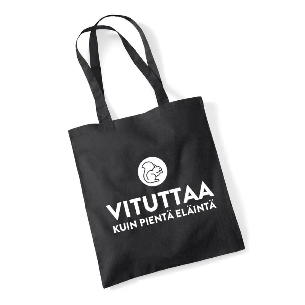 Mustakankainen kangaskassi valkoisella vituttaa kuin pientä eläintä tekstillä ja pyöreällä oravatunnuksella