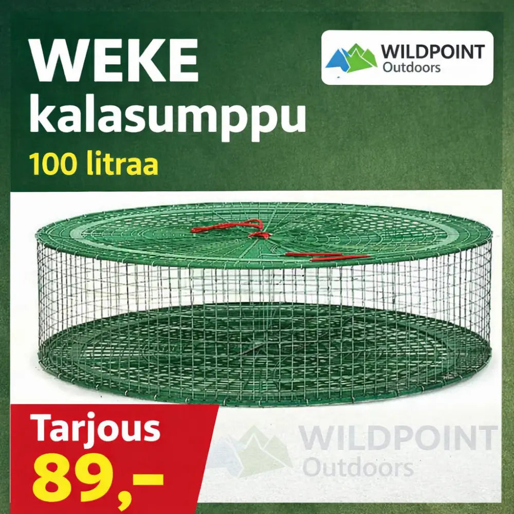 Weke pyöreä kalasumppu 100 litraa vihreä muovipinnoitettu metalliverkkopyydys punaisilla kahvoilla