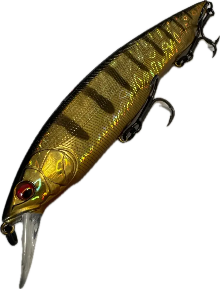 Shiny gold and black striped wildpoint golden bomber 16cm fishing lure with red eye and metallic finish, outlet poistoon