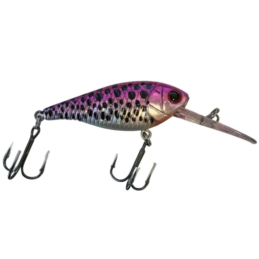 Purple and silver metallic wildpoint pikkutaimen fishing lure with black spots and red eye with clear plastic lip