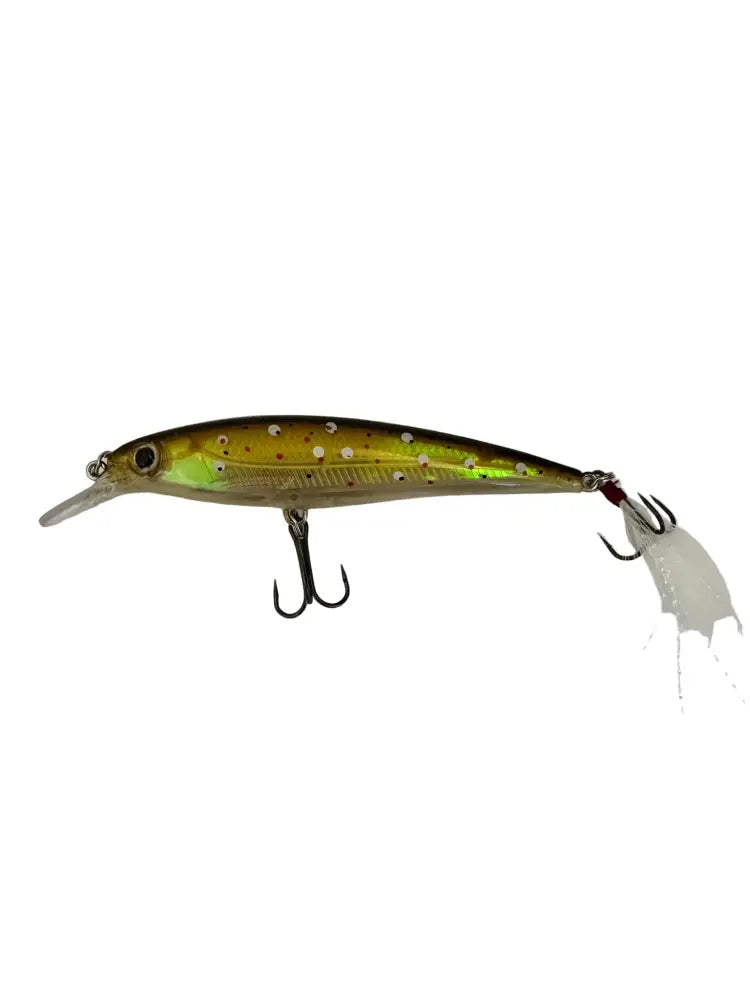 Realistinen wildpoint taimenvaappu 95mm 13g vihreä-keltainen minnow muotoinen viehe valkoisilla pilkuilla ja kolmella mustalla kolmoiskoukulla