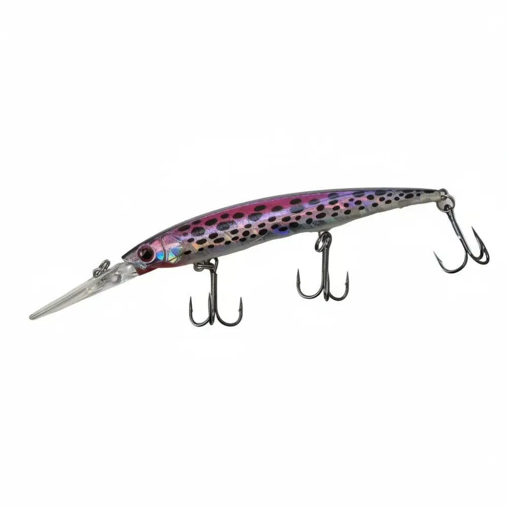Wildpoint Troutson 11cm 14g minnow-mallinen viehe hohtavassa pinkki-hopeassa mustilla pilkuilla ja kolmella haavakoukulla