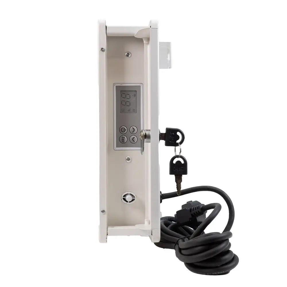 White medical infusion pump with digital display control buttons coiled black power cord and two keys for wuffe 2.0 200w koirankopinlämmitin wifi etäohjattava