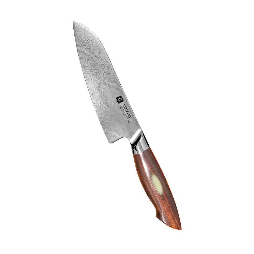 Xinzuo jiang damascus minsantokuveitsi 14 cm damaskosterällä ruskeakahvaisena elegantilla kuvioidulla terällä