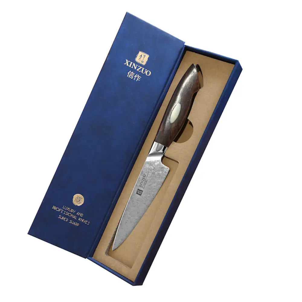 Xinzuo jiang damascus vihannesveitsi 13 cm tummanruskealla puisella kahvalla ja sinisessä lahjalaatikossa