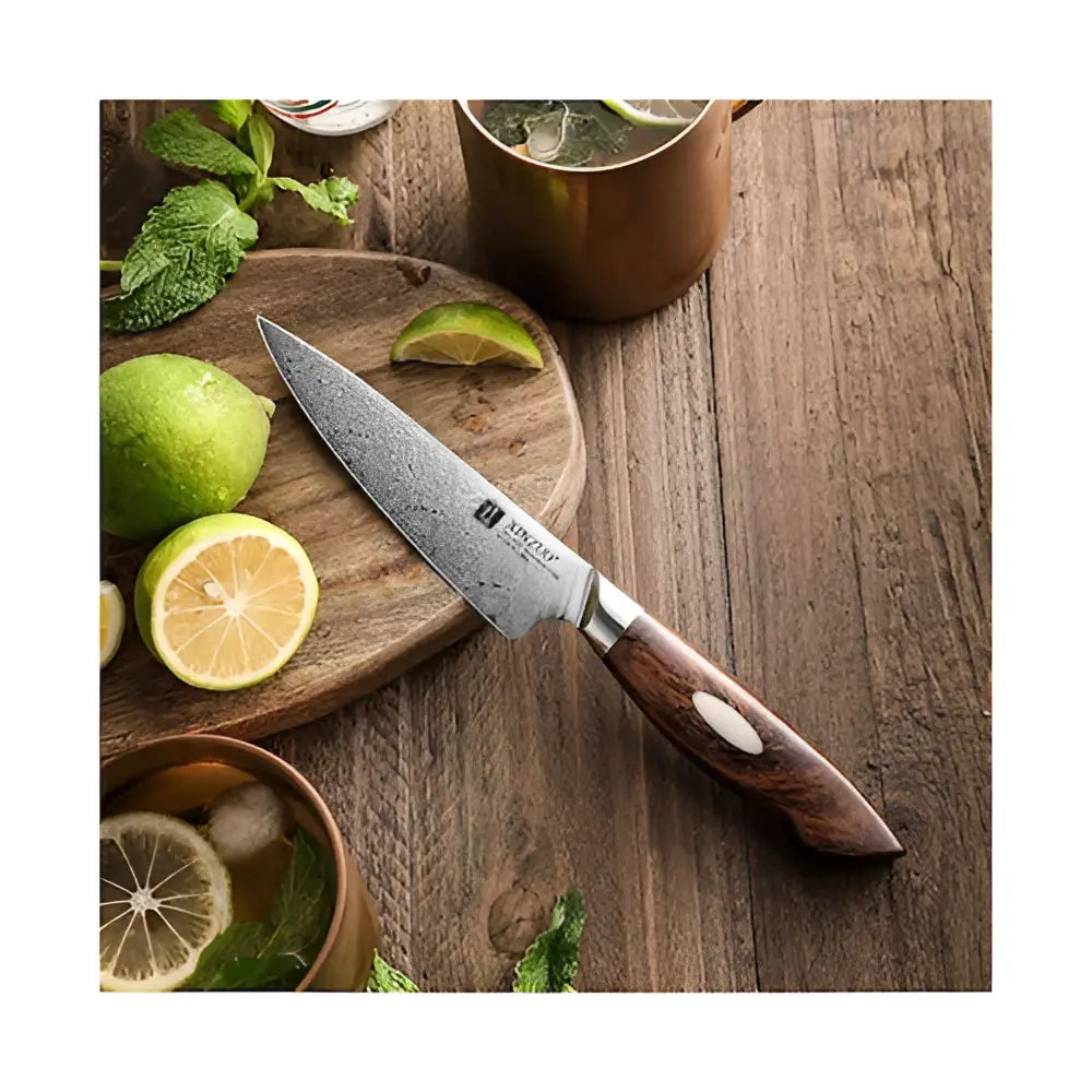 Xinzuo jiang damascus vihannesveitsi 13 cm tummalla ruskealla puukahvalla ja valkoisella ovaalikoristeella