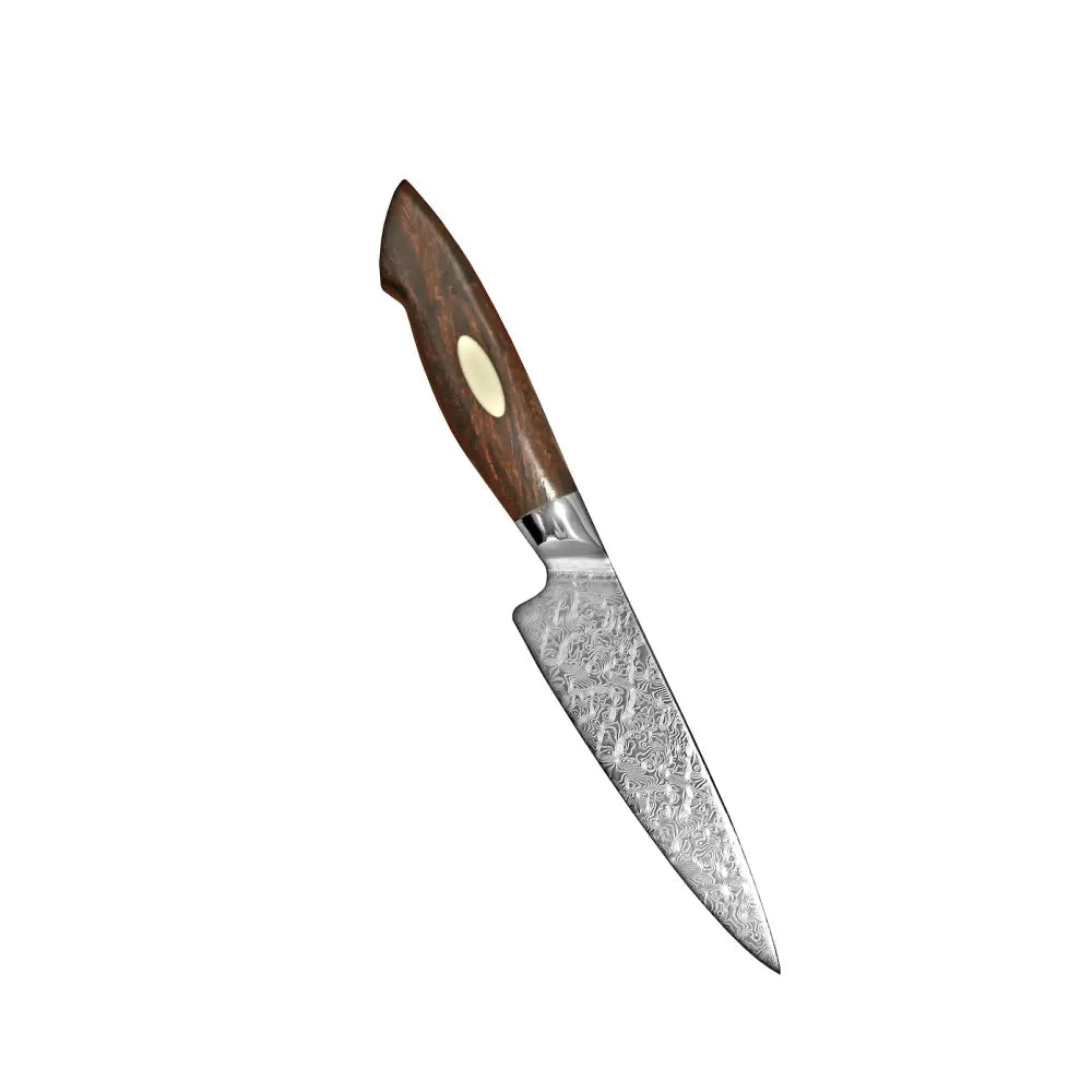 Xinzuo jiang damascus vihannesveitsi 13 cm tummanruskaisella puisella kahvalla ja damaskoteräksisellä kuvioidulla terällä