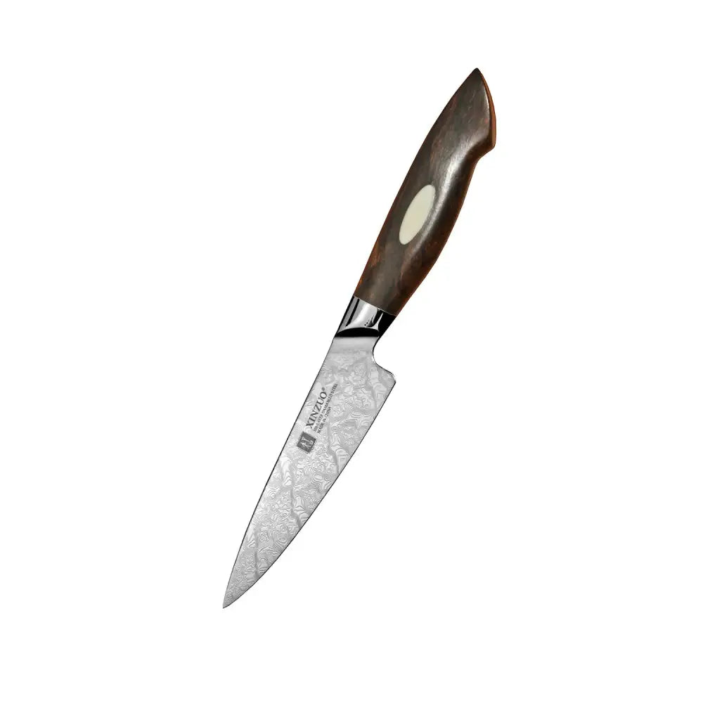Xinzuo jiang damascus vihannesveitsi 13 cm tummanruskaisella puisella kahvalla ja kai merkkisellä damaskosteräksisellä terällä