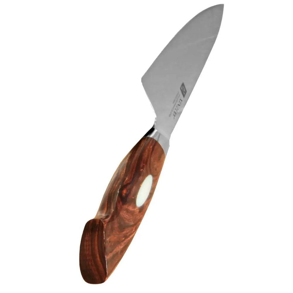 A sleek stainless steel kokkiveitsi with a richly grained wooden handle and white oval inlay from Xinzuo Jiang Damaskus 21 cm