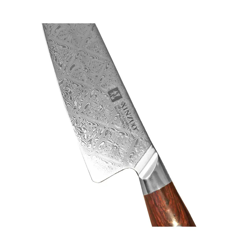 A sleek, silver-toned damascus steel kokkiveitsi with a rich dark brown wooden handle by XINZUO Jiang 21 cm
