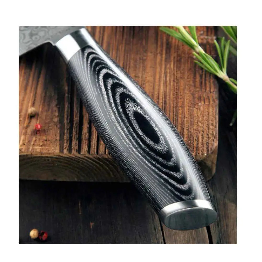 A sleek black and silver xinzuo ya damascus vihannes-hedelmäveitsi with a swirling wood-grain handle measuring 13 cm