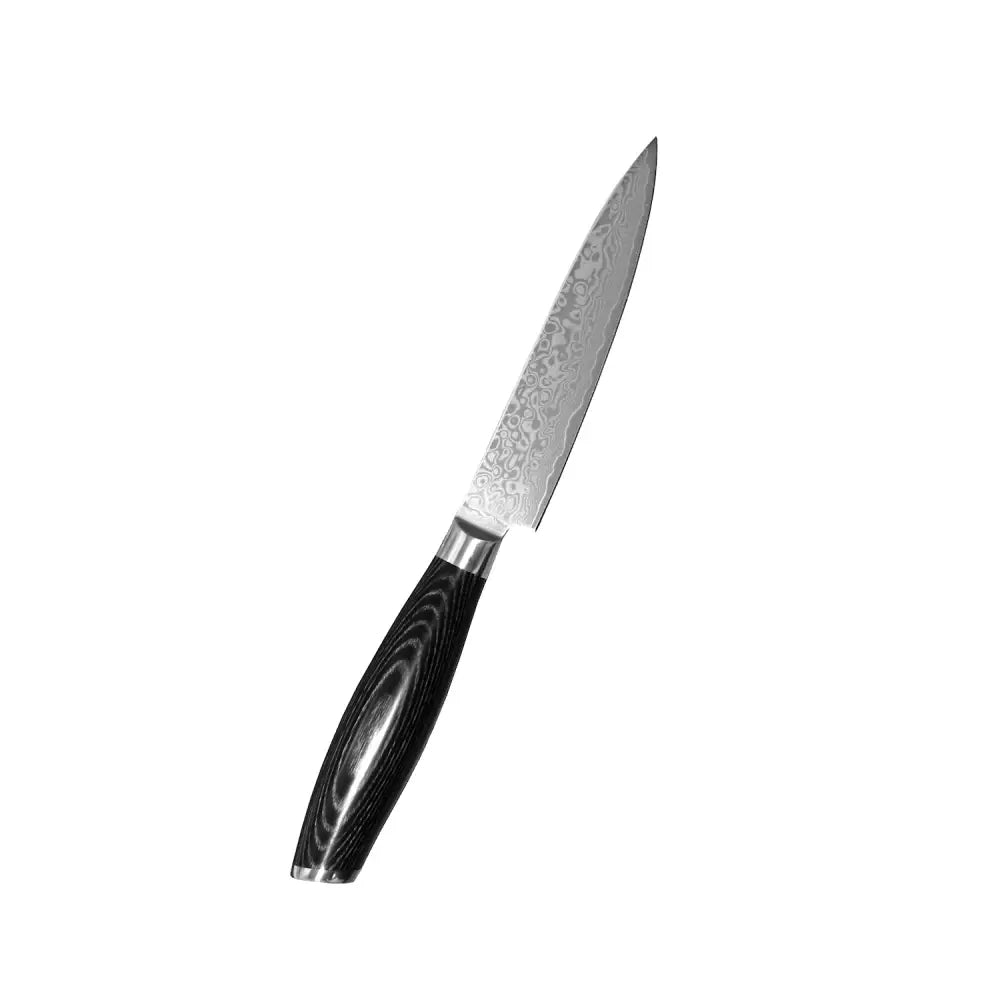 A sleek black-handled xinzuo ya damascus vihannes hedelmäveitsi with a 13 cm intricately patterned blade